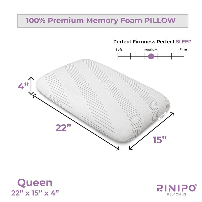 RINIPO Memory Foam Sleeping PillowOrthopedic NeckHeadBackShoulder Pain ReliefBedTravelSuitable for SideBackStomach SleepersQueen Size 22x15x4 InchesGreyPack of 1Washable Zipper Cover - Image 4