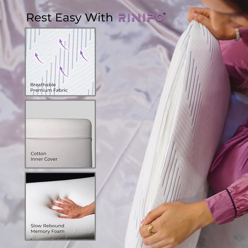 RINIPO Memory Foam Sleeping PillowOrthopedic NeckHeadBackShoulder Pain ReliefBedTravelSuitable for SideBackStomach SleepersQueen Size 22x15x4 InchesGreyPack of 1Washable Zipper Cover - Image 5