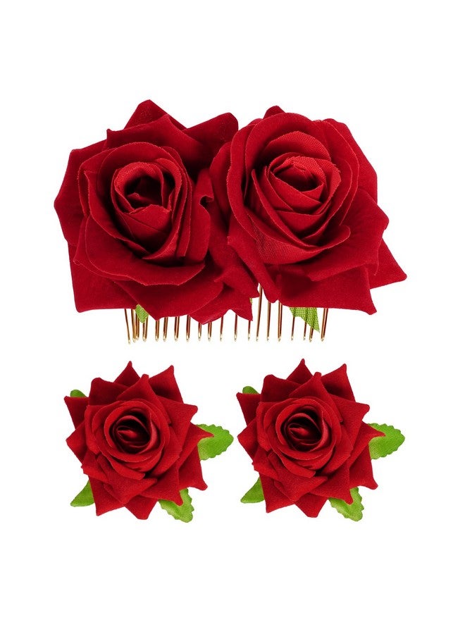 Topbuti Rose Flower Hair Clip Fabric Rose Hairpin Rose Brooch Floral Clips 3 Pcs Mexican Hair Flowers Pin Up Headpieces Flamenco Dancer Hair Accessories For Women Girls Wedding Mother'S Day (Red)  - Image 1