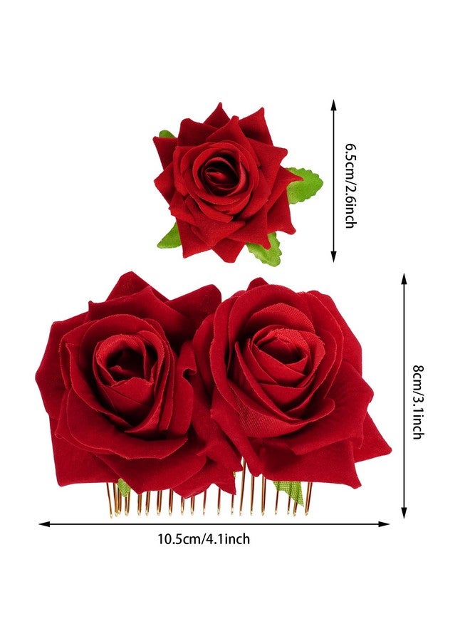 Topbuti Rose Flower Hair Clip Fabric Rose Hairpin Rose Brooch Floral Clips 3 Pcs Mexican Hair Flowers Pin Up Headpieces Flamenco Dancer Hair Accessories For Women Girls Wedding Mother'S Day (Red)  - Image 2