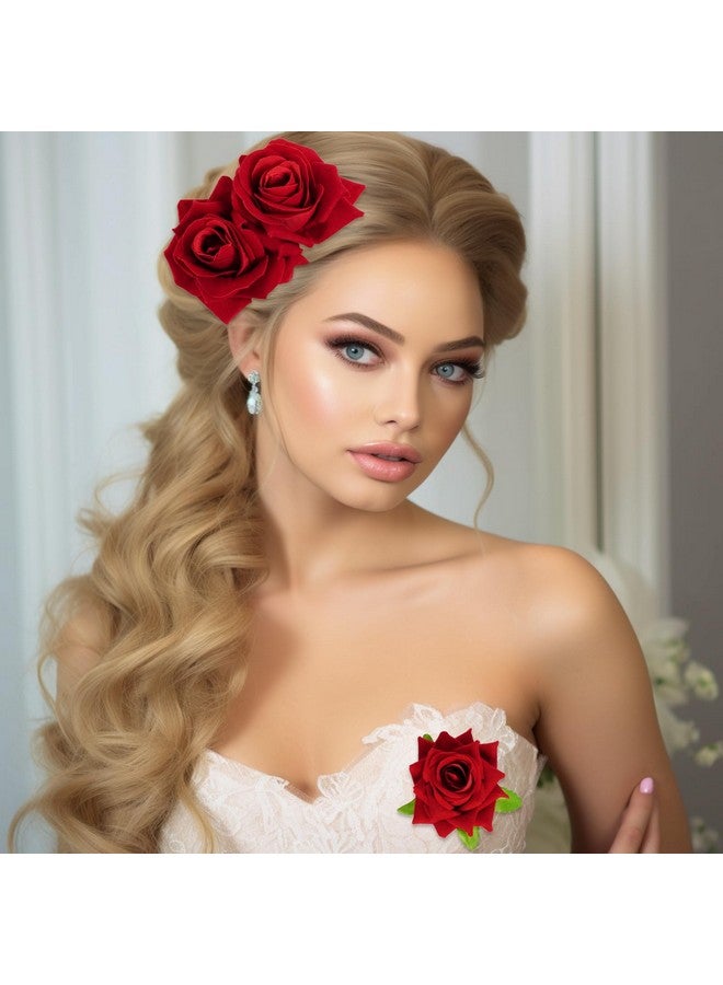 Topbuti Rose Flower Hair Clip Fabric Rose Hairpin Rose Brooch Floral Clips 3 Pcs Mexican Hair Flowers Pin Up Headpieces Flamenco Dancer Hair Accessories For Women Girls Wedding Mother'S Day (Red)  - Image 5