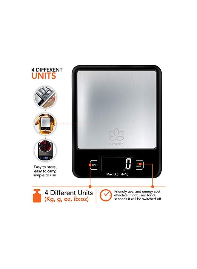Rejuvences Kitchen Digital Food Scale - Measures 4 different units - Easy to Use - Measure Food weight - Cooking recipe- Healthy Diet – Battery included – Light weight - Easy to Carry and - Image 3