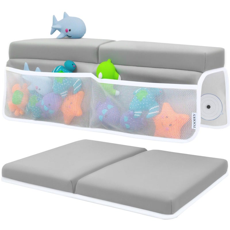 Toodly Baby Bath Kneeler and Elbow Rest Pad Set - Baby Bath Support for Knees and Elbows - Bath Kneeler Pad with Memory Foam and Bath Toys Organizer - Ideal Bath Kneeling Pad for Bathing Baby - Grey - Image 1