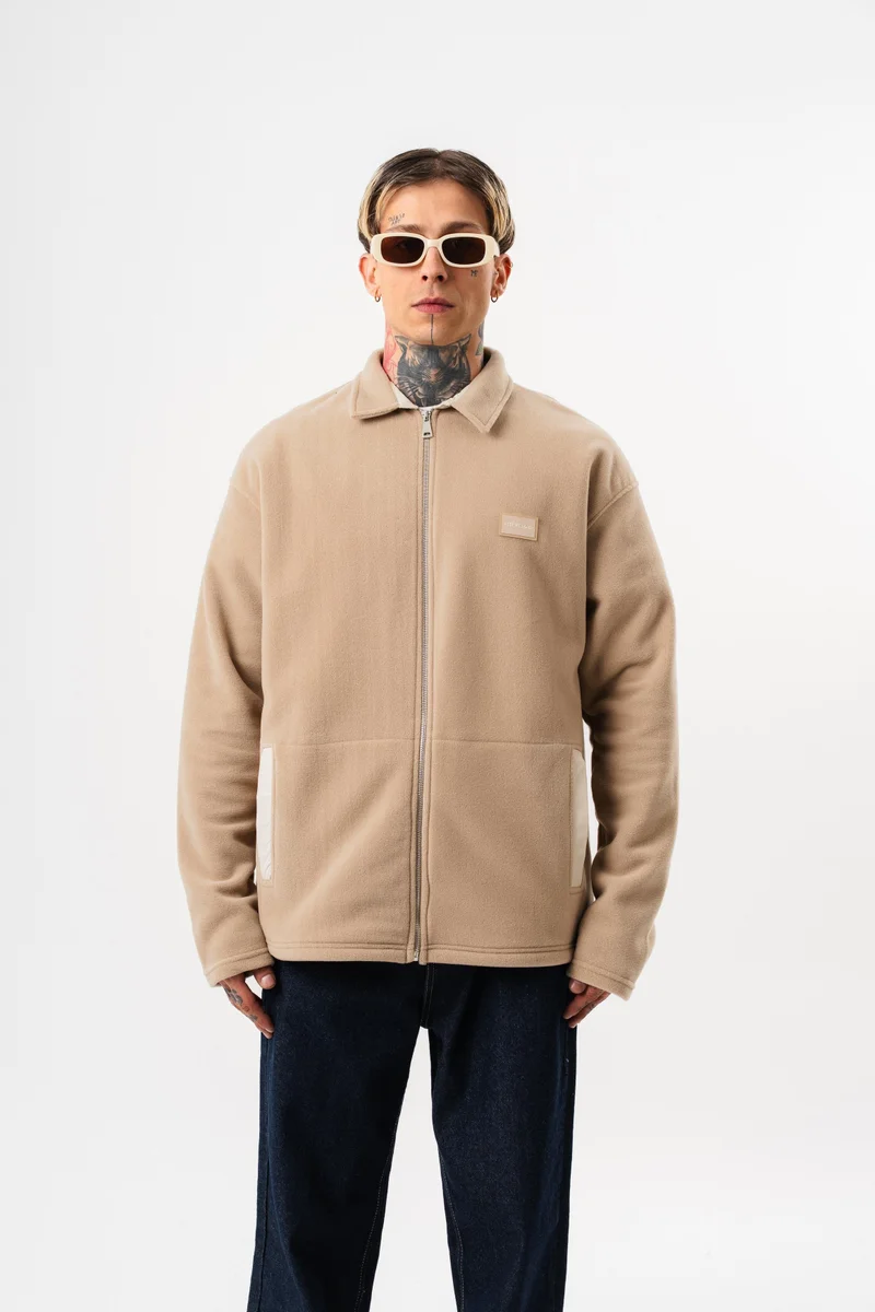 ريسباير جاكيت رجالي واسع (Oversize) من الصوف (Polar) بسحاب (Zip) لون بيج