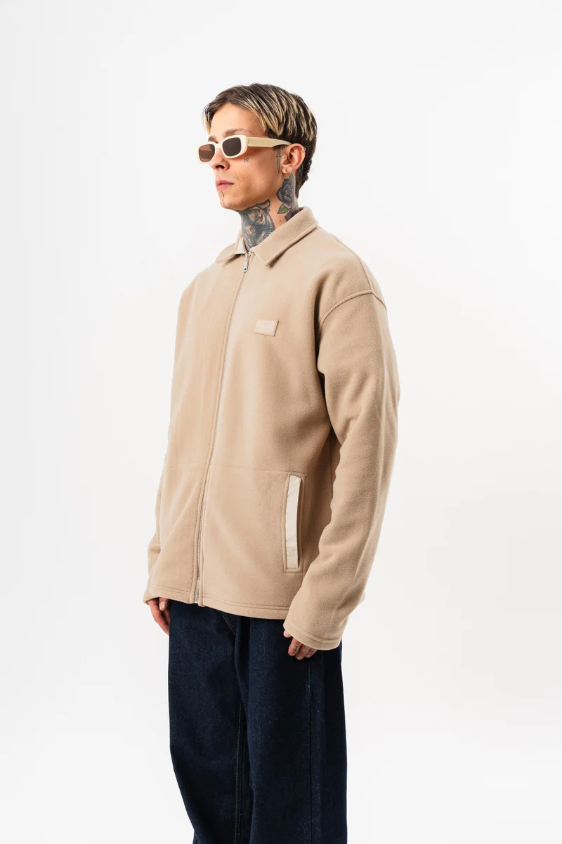 ريسباير جاكيت رجالي واسع (Oversize) من الصوف (Polar) بسحاب (Zip) لون بيج