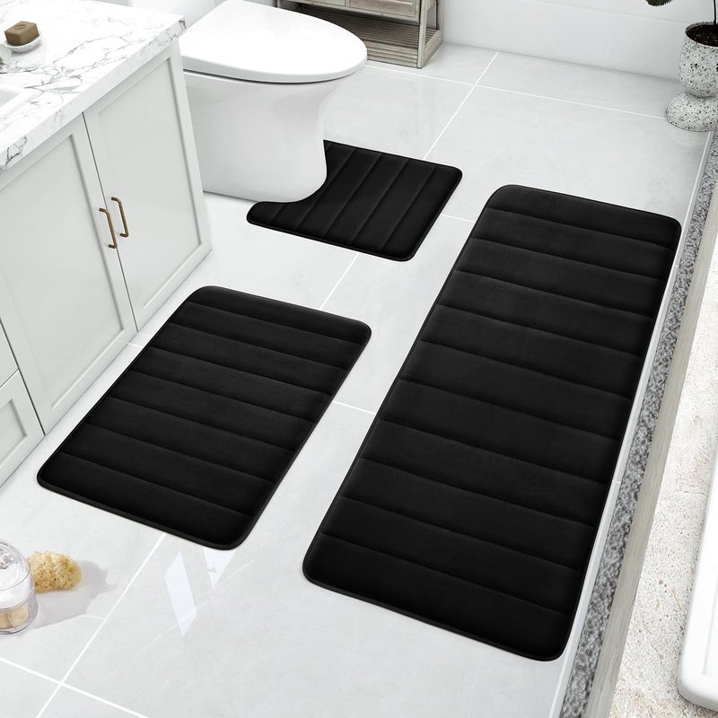 BYSURE Black Memory Foam Bath Mats Non Slip Extra Soft Absorbent Machine WashableToilet Bathroom Rug Set 3 Piece 20x3224x44U Shape 20x24