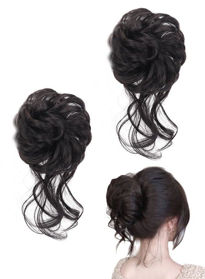 كعكة شعر، قطعة شعر صناعية على شكل كعكة فوضوية للنساء، ربطات شعر مموجة ومجعدة على شكل ذيل حصان، للاستخدام اليومي (أسود داكن) - Image 1