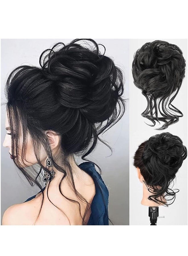 كعكة شعر، قطعة شعر صناعية على شكل كعكة فوضوية للنساء، ربطات شعر مموجة ومجعدة على شكل ذيل حصان، للاستخدام اليومي (أسود داكن) - Image 2