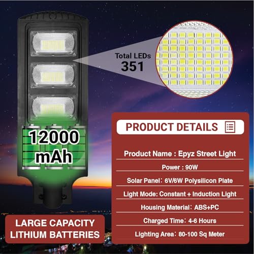 Epyz 90 Watt Solar Street Lights Outdoor Waterproof with Motion Sensor for Garden, Street, Lawn, Patios and Pathways [ 351LED, Pack of 1, White Light ] - Image 5