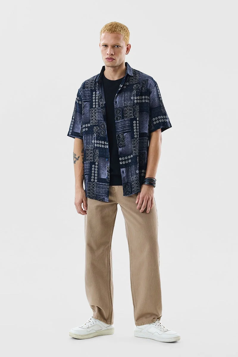 سنيتش Navy Blue Geometric Half Sleeve Regular Fit Shirt