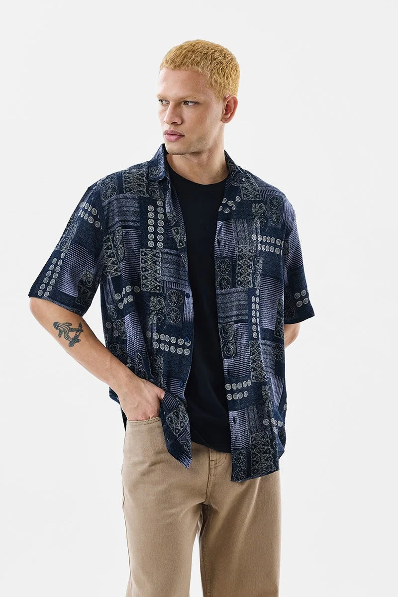 سنيتش Navy Blue Geometric Half Sleeve Regular Fit Shirt