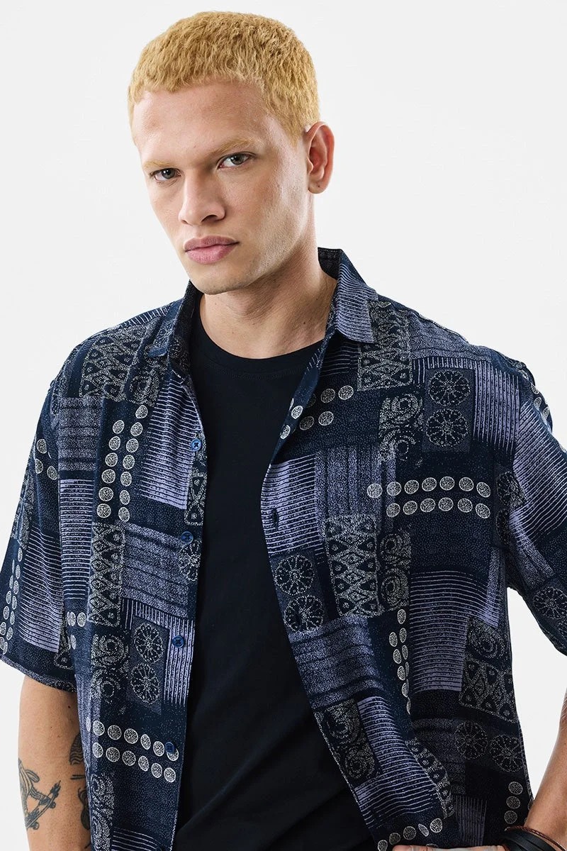 SNITCH Navy Blue Geometric Half Sleeve Regular Fit Shirt