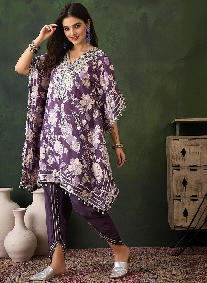 ISHIN Women's Purple Chanderi Embellished Tunic Top With Ankle Dhoti Flared 2 Peice Kurta Set - Image 3