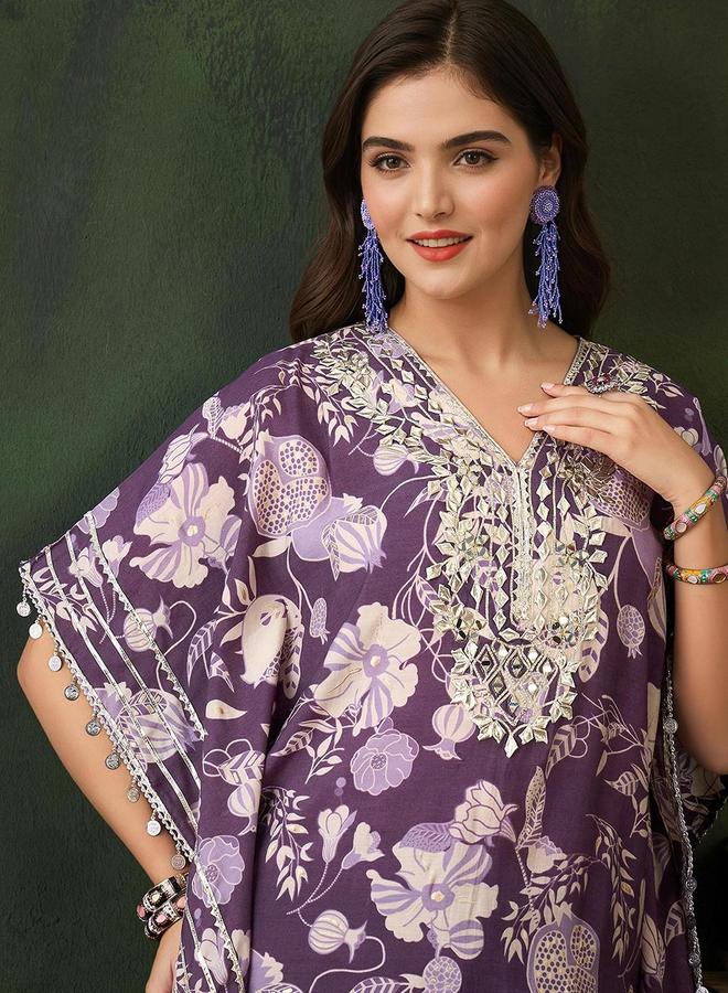 ISHIN Women's Purple Chanderi Embellished Tunic Top With Ankle Dhoti Flared 2 Peice Kurta Set - Image 5