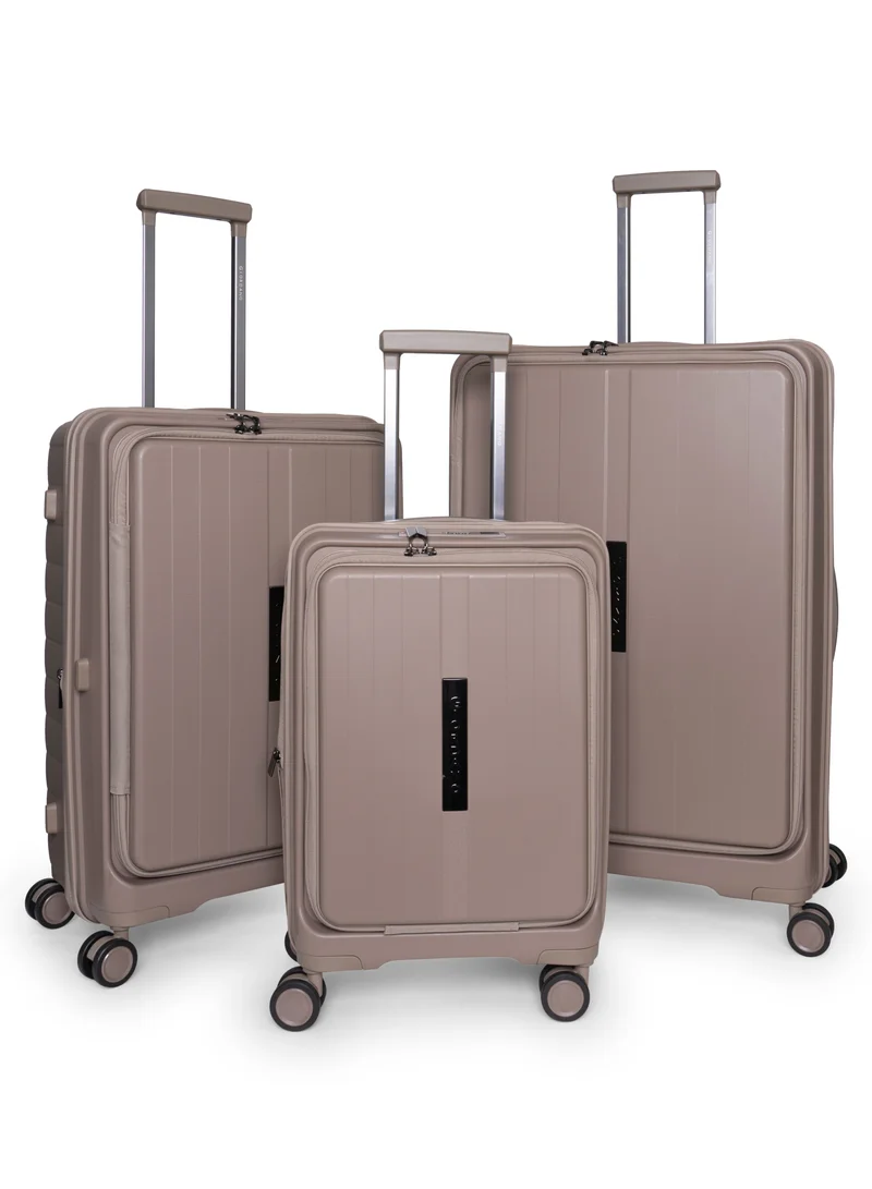 Giordano Titanium Front Opening Hardshell Luggage Set, Unbreakable Expandable, Secure Lock, 4 Double Wheels Travel Lugggage, Laptop Compartment on Small Carry-on Cabin Luggage, Checked Luggage. Beige