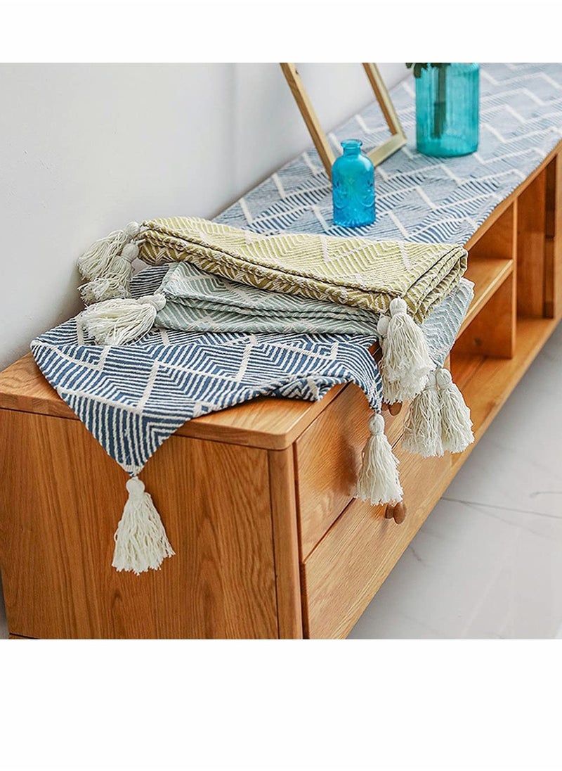 SYOSI - Table Runner with Tassel, Blue Wavy Stripes Woven Cotton European Tablecloth for Dining Coffee Tv Cabinet Shoe Cabinet, 12x40 Inches - Image 1