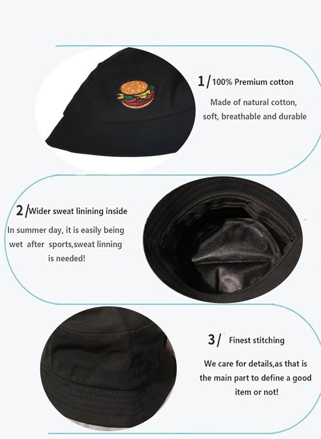 LEISUREWEEK Premium Cotton Black Bucket Hat for Women Men - Unisex 100% Cotton Packable Summer Travel Beach Sun Hat,Hamburger Design - Image 3