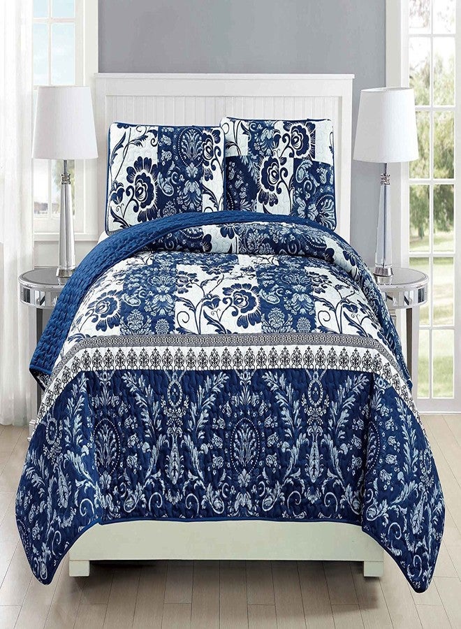 Fancy Linen Fancy Collection 2pc Twin/Twin Extra Long Oversize Quilted Bedspread Coverlet Set Floral Navy Blue White New - Image 2