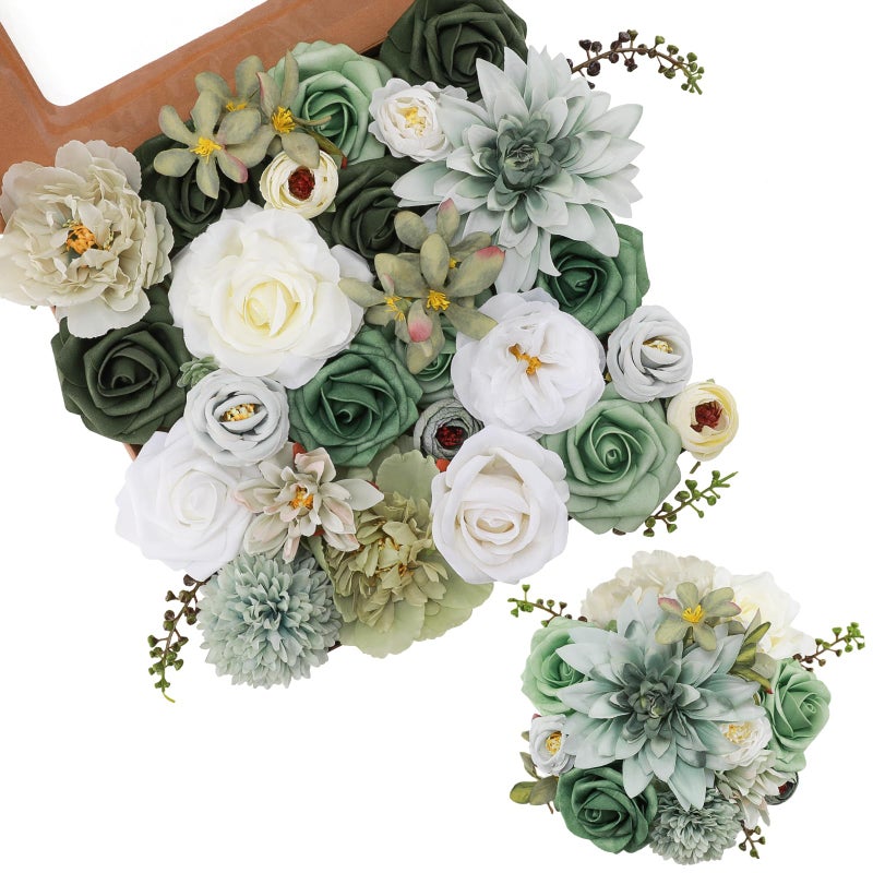 Kisflower Green Artificial Flower Combo Fake Rose Faux Dahlia Flowers with Stems for DIY Wedding Bridal Bouquet Party Home Decorations
