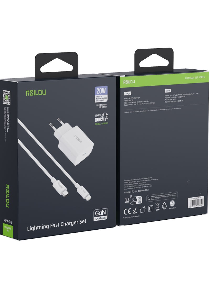 مجموعة شاحن سريع 20 وات USB-C GaN شاحن سريع وكابل لايتننج إلى USB-C 30 وات 100 سم، متين ومرن، كابل شحن سريع وبيانات، مضفر 1 متر، أسلاك نحاسية لنقل السرعة بمعدل 480 ميجابت في الثانية، خالٍ من التشابك ، أبيض
