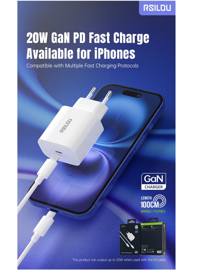 مجموعة شاحن سريع 20 وات USB-C GaN شاحن سريع وكابل لايتننج إلى USB-C 30 وات 100 سم، متين ومرن، كابل شحن سريع وبيانات، مضفر 1 متر، أسلاك نحاسية لنقل السرعة بمعدل 480 ميجابت في الثانية، خالٍ من التشابك ، أبيض