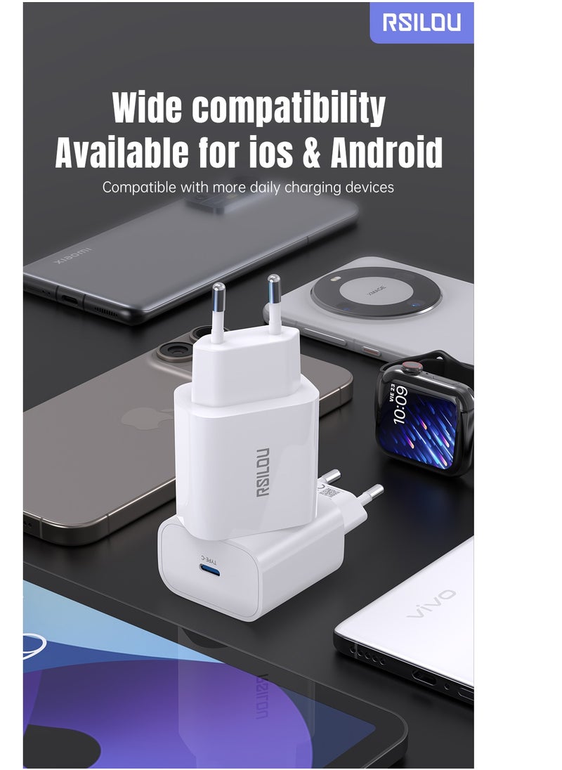مجموعة شاحن سريع 20 وات USB-C GaN شاحن سريع وكابل لايتننج إلى USB-C 30 وات 100 سم، متين ومرن، كابل شحن سريع وبيانات، مضفر 1 متر، أسلاك نحاسية لنقل السرعة بمعدل 480 ميجابت في الثانية، خالٍ من التشابك ، أبيض