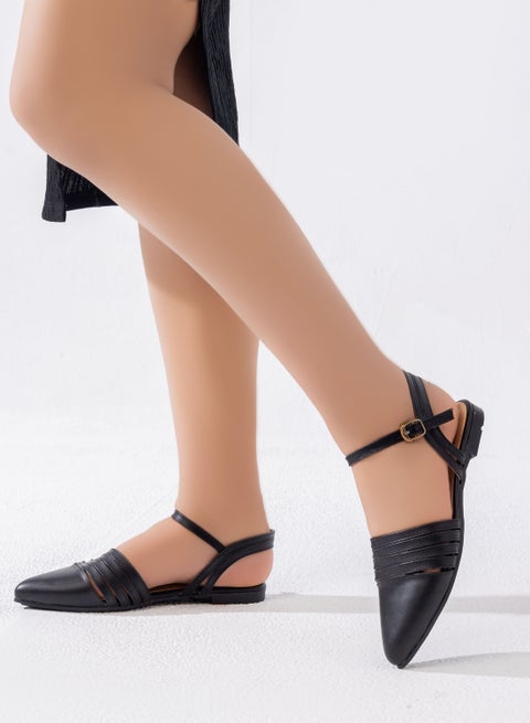 صندل جلد مسطح مع خطوط SF-54 - أسود