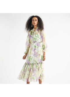 FAV All-Over Floral Print Mandarin Collar Dress with Volume Sleeves and Flounce Hem  - Image 1