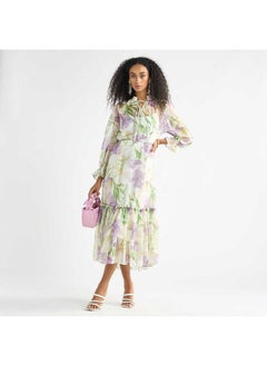 FAV All-Over Floral Print Mandarin Collar Dress with Volume Sleeves and Flounce Hem  - Image 2