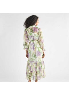 FAV All-Over Floral Print Mandarin Collar Dress with Volume Sleeves and Flounce Hem  - Image 3