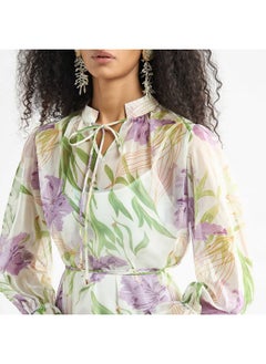 FAV All-Over Floral Print Mandarin Collar Dress with Volume Sleeves and Flounce Hem  - Image 4