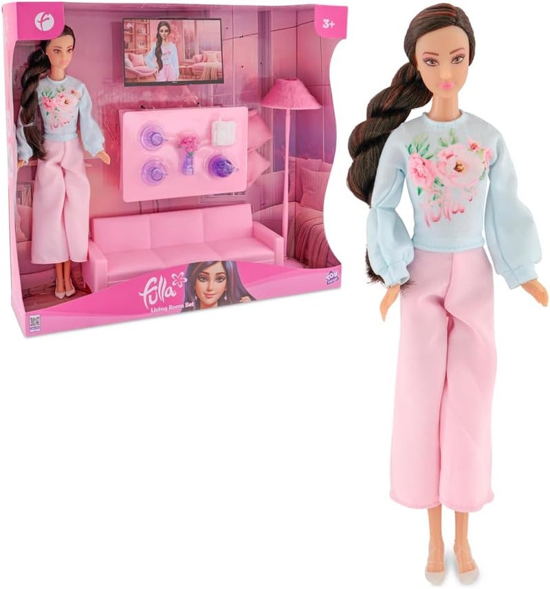 Fulla Doll with Living Room Set Includes Sofa, Cushions, Tea Cups, Lamp, Flowers and Phone & Cozy Room Playset for Pretend Stories and Creative Play – Ideal for Dollhouse Fans - Image 1