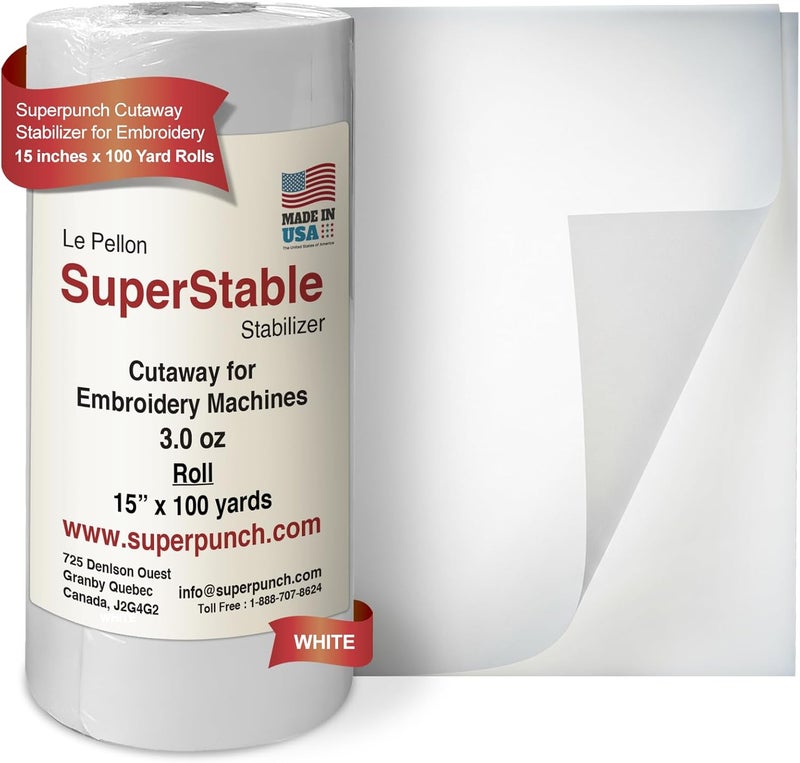 Superpunch Cutaway 3.0 oz Stabilizer for Embroidery Machines, SuperStable White Thick Cut Away Stabilizer-15 inch x 100 Yard Roll, Cut Away Machine Embroidery Stabilizer Backing, Made in USA - Image 1