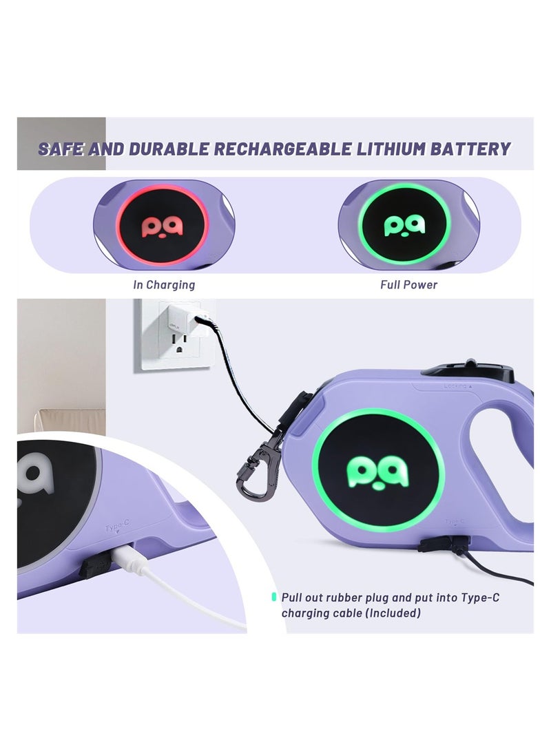 KASTWAVE Retractable Dog Leash with Rechargeable LED Light, 16 ft Strong Nylon Tape for Night Walks up to 88lbs Pet - Anti Slip Handle, 360° Tangle-Free One-Handed Brake, Pause, Lock (Purple) - Image 5