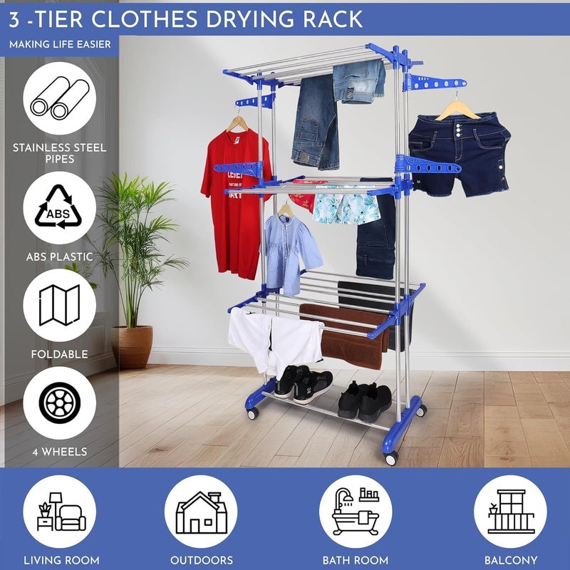H Houseware أدوات منزلية من هاوسوير (): رف تجفيف ملابس قابل للطي مصنوع من الفولاذ المقاوم للصدأ، ثلاث طبقات، متين، مزود بعجلات، أبعاده 43.2 × 78.7 × 165.1 سم - Image 2
