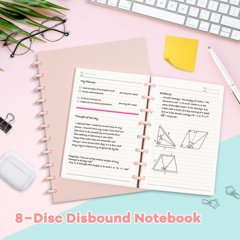 MOSA BEAR Discbound Notebook, 8-Disc Disbound Planner with Removable Pages, 180 Pages Spiral Notebook, Poly Cover Discbound Planner for Work, Travel, Note Taking(With Index Sticker),Pink,A5 - Image 4