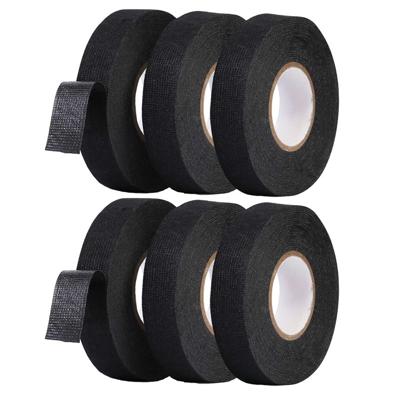 Automotive Harness Tape, 6 Rolls Wires Fabric Tapes High Temperature Resistance Harness Fabric Tape Electrical Insulation Fastening Tape 0.74 Inch x 49 Feet, Black