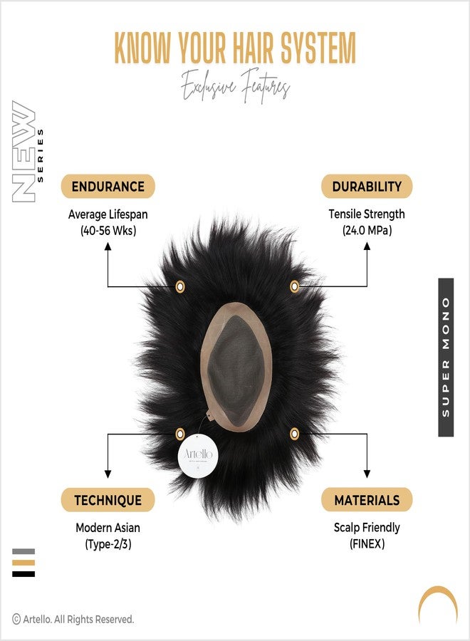 Artello® SUPER MONO Smart Hair Patch for Men, Fine Hair Wig in 100% Natural Human Hair, Easy Fit with Tape, Glue or Clips, 2D Super Base (Colour: Naturally Black) (9x6) - Image 5