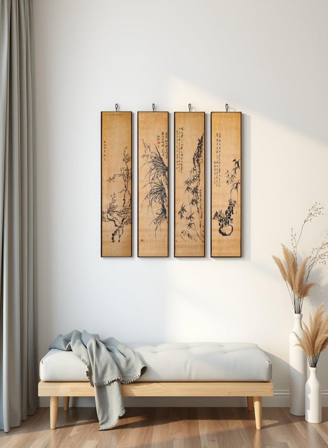 لوحة جدارية كبيرة من أربع قطع مرسومة بالحبر الياباني الأسود من CIFIBIFUN، تصور نباتات، بتصميم شيكونشي، ديكور آسيوي للفصول الأربعة، بإطار خشبي ورقي، مناسبة لغرفة التأمل المنزلي أو غرفة الزن. - Image 5