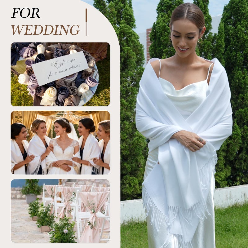 vimate Pashmina Shawls and Wraps Women Bridesmaid Pashmina Scarfs shawl for Wedding Bridal evening dresses(White) - Image 3