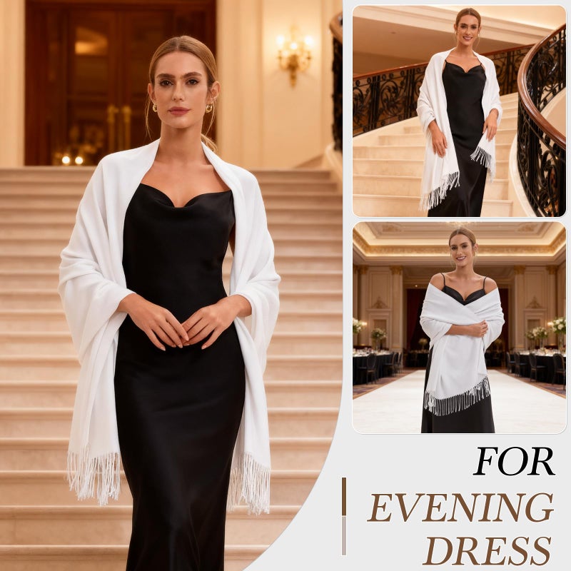 vimate Pashmina Shawls and Wraps Women Bridesmaid Pashmina Scarfs shawl for Wedding Bridal evening dresses(White) - Image 2