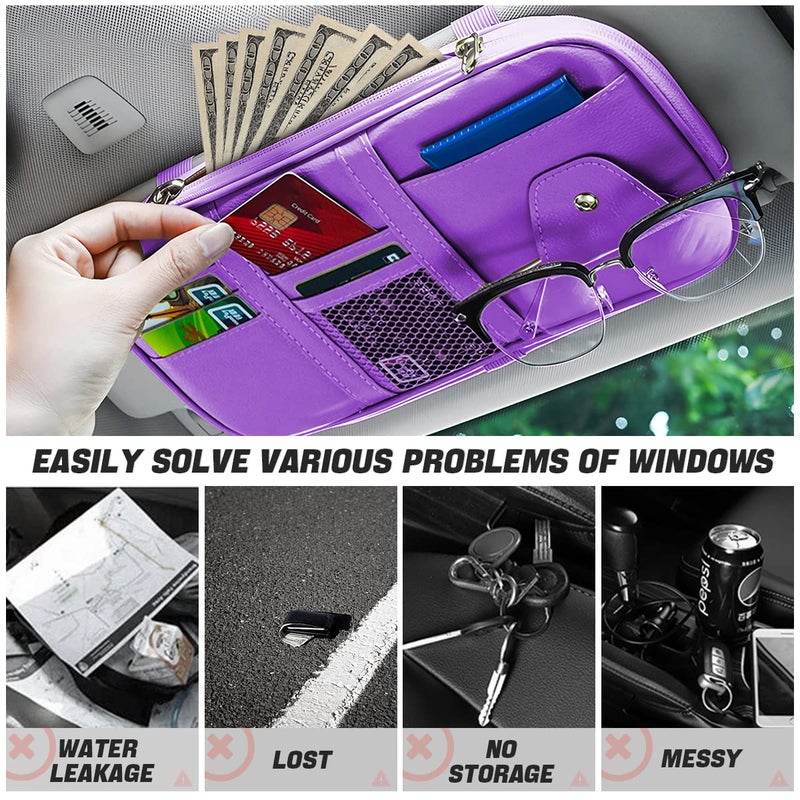 BELOMI Car Sun Visor Organizer, Sunglass Holder and Storage Pocket, Card Cash Pouch with Multi-Pocket Net Zipper, Case Bag for License Pen Key, Auto Interior Accessories for Truck, SUV, Van (Purple) - Image 4