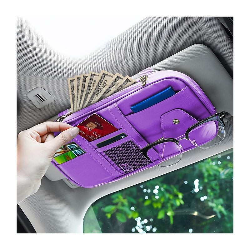 BELOMI Car Sun Visor Organizer, Sunglass Holder and Storage Pocket, Card Cash Pouch with Multi-Pocket Net Zipper, Case Bag for License Pen Key, Auto Interior Accessories for Truck, SUV, Van (Purple) - Image 1