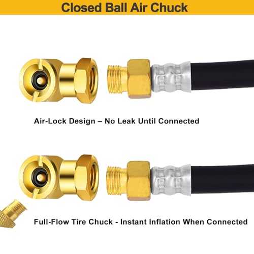 GODESON Heavy Duty Dual Head Air Chuck,Closed Ball Tire Chuck with 1/4 Inch Female NPT and Two Standard Male Quick Plug, Tire Air Fill Kit for Tire Inflator Gauge and Air Compressor - Image 4