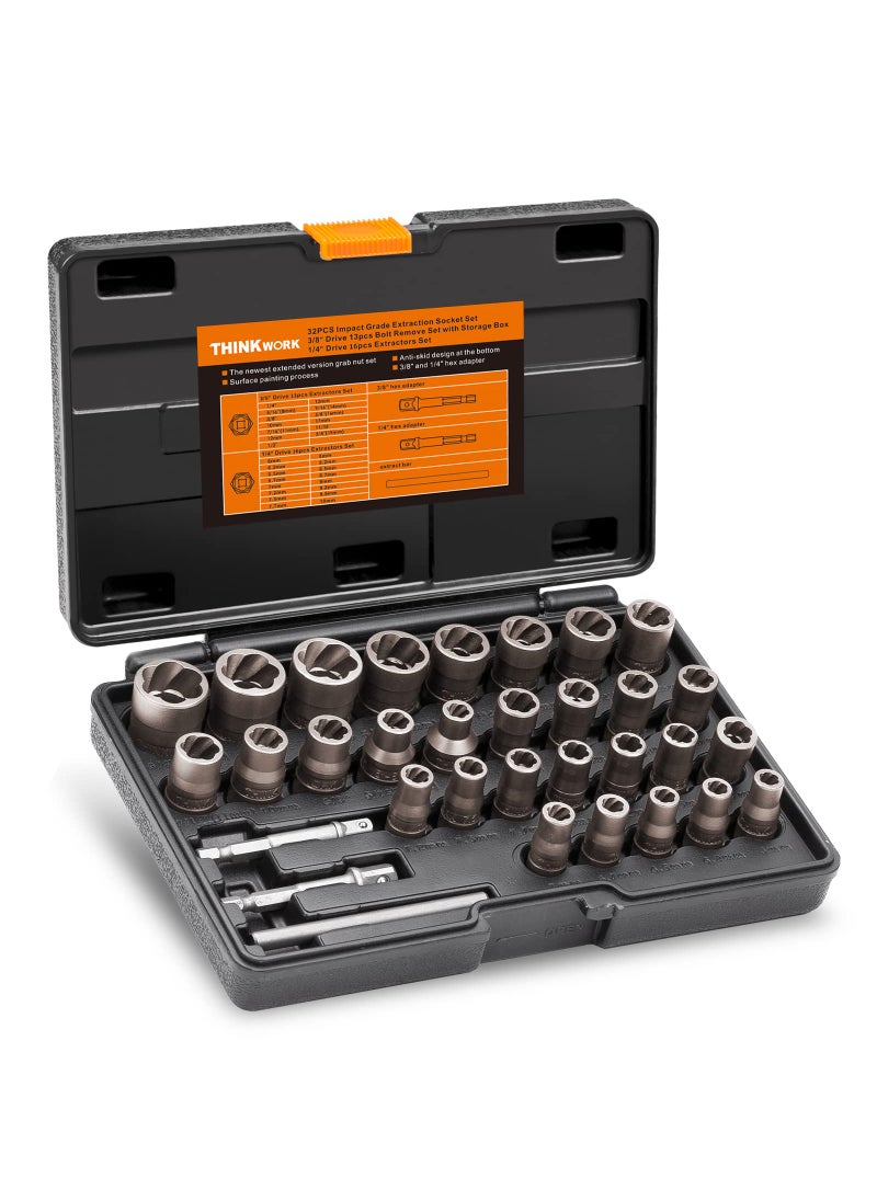 THINKWORK THINKWORK Upgrade Bolt Extractor Set, 32 Pieces Impact Bolt & Nut Remover Set, Stripped Lug Nut Remover, Extraction Socket Set for Removing Damaged, Frozen, Rusted, Rounded-Off Bolts, Nuts & Screws  - Image 1