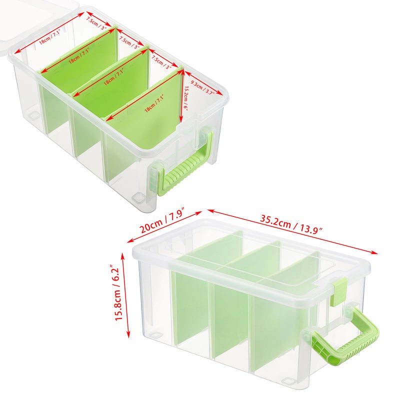 BTSKY Clear Plastic Dividing Storage Box with 4 Deep Compartments Adjustable Storage Bin with Lid Portable Craft Container Multipurpose Sewing Box Art Supply Organizer, 13.9x7.9x6.2 Inches, Green - Image 4