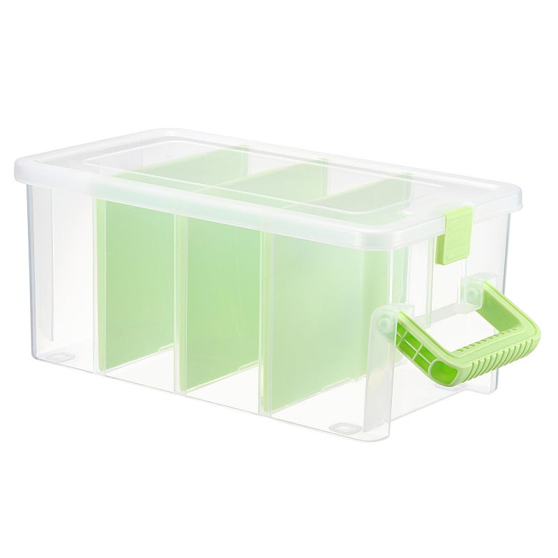 BTSKY Clear Plastic Dividing Storage Box with 4 Deep Compartments Adjustable Storage Bin with Lid Portable Craft Container Multipurpose Sewing Box Art Supply Organizer, 13.9x7.9x6.2 Inches, Green - Image 1