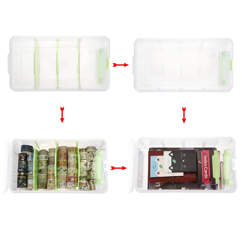 BTSKY Clear Plastic Dividing Storage Box with 4 Deep Compartments Adjustable Storage Bin with Lid Portable Craft Container Multipurpose Sewing Box Art Supply Organizer, 13.9x7.9x6.2 Inches, Green - Image 3