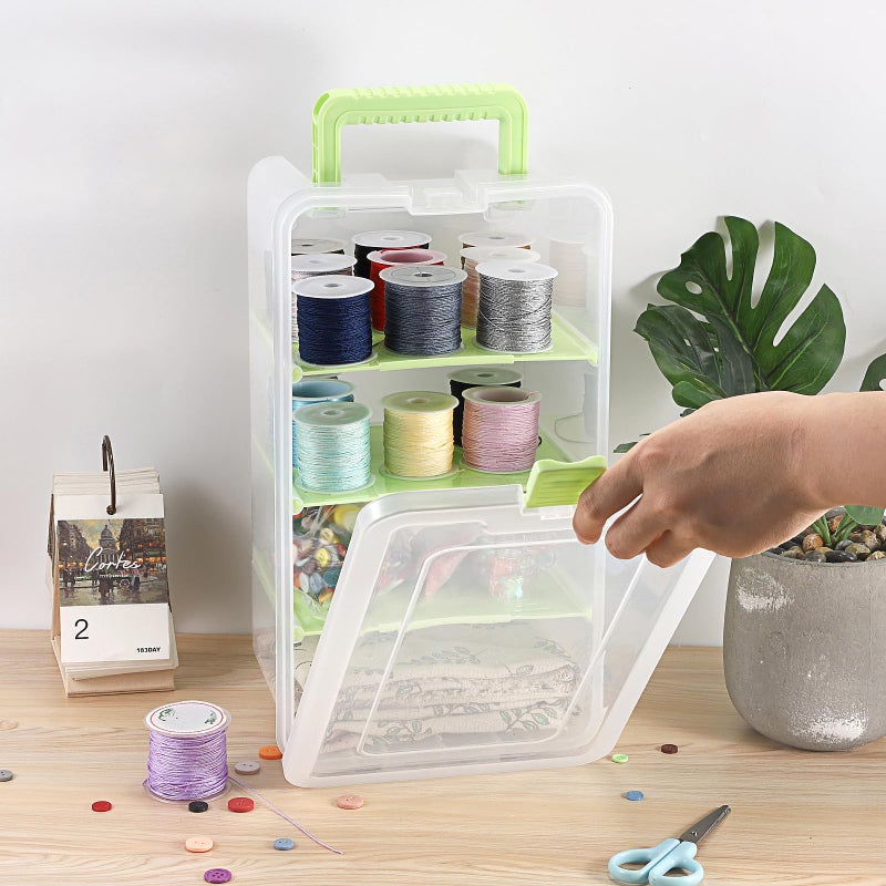 BTSKY Clear Plastic Dividing Storage Box with 4 Deep Compartments Adjustable Storage Bin with Lid Portable Craft Container Multipurpose Sewing Box Art Supply Organizer, 13.9x7.9x6.2 Inches, Green - Image 2