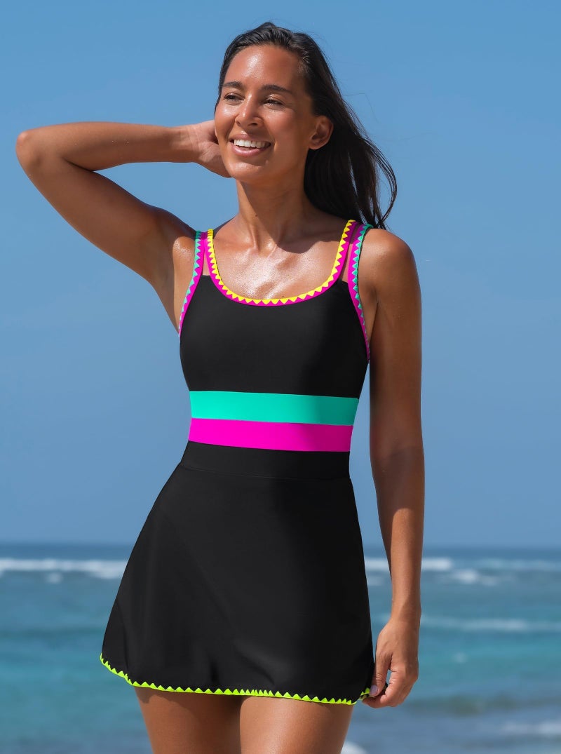 popvil Women's One Piece Swimsuit 2026 Swim Dress Neon Tummy Control Bathing Suit Swimdress with Shell Trim U Neck Swimwear, Black, Small - Image 5